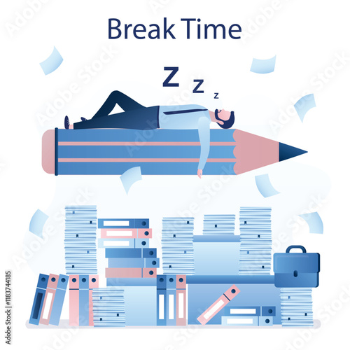 Break time. Procrastination do it later, postpone to paperwork tomorrow. Overwork, burnout. Tired or lazy worker man sleeping on giant pencil.