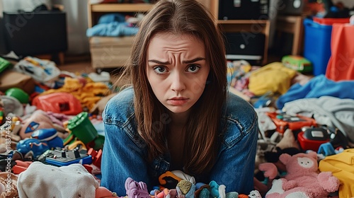 A young woman, sits in a cluttered living room filled with toys and laundry. Her tired expression conveys frustration and sadness, embodying the stress of household responsibilitie