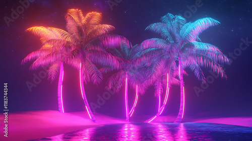 Modern trendy neon glowing light with tropical palm trees, 3d rendering