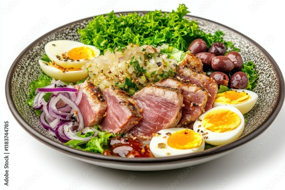 Nutritious salad featuring seared tuna lettuce eggs olives and onions on a plate against a white backdrop Aerial view of healthy cuisine Nutritious salad featuring seared tuna lettuce eggs olives and onions on a plate against a white backdrop Aerial view of healthy cuisine