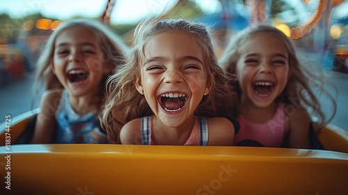 Young children girls riding a rollercoaster at an amusement park 