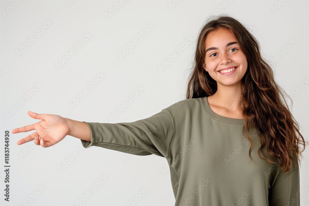 Young lady with introduce gesture white background Young lady with introduce gesture white background