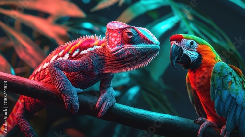 A vibrant scene featuring a colorful parrot and a lizard perched on a branch amidst lush foliage, illuminated by striking neon lighting.