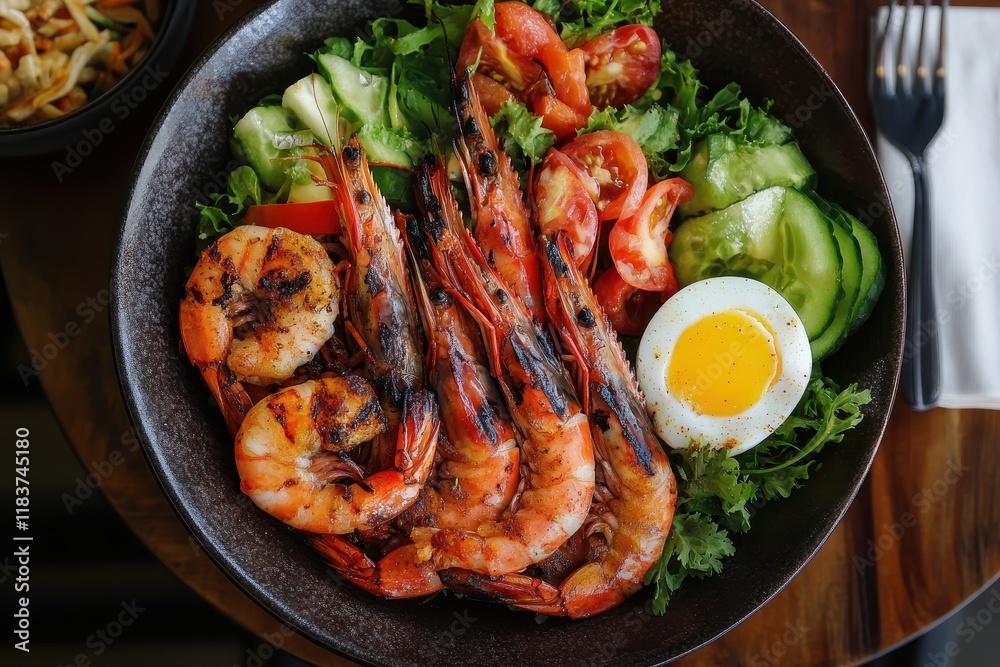 Nutritious seafood salad with grilled shrimp and vegetables Overhead view Nutritious seafood salad with grilled shrimp and vegetables Overhead view
