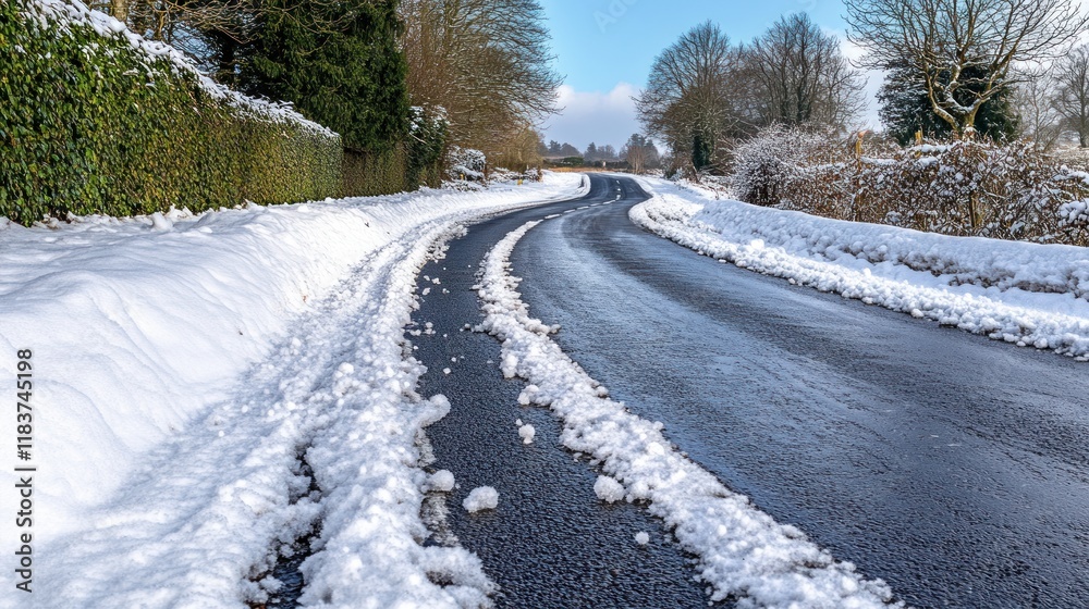 Snowy Country Road Winding Through Winter Landscape