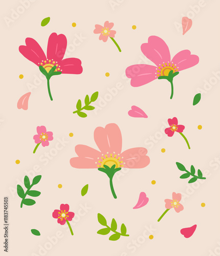 Pink flower and leaves pattern illustration