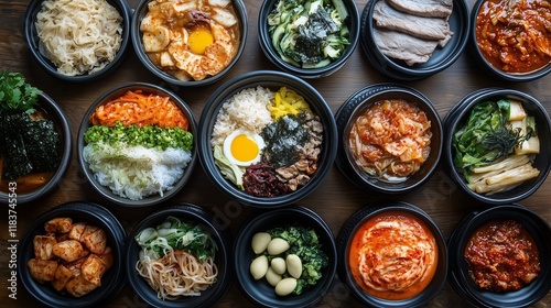 A traditional Korean meal featuring a bowl of spicy kimchi, noodles, and vegetables, served alongside rice and meat in a cozy Asian restaurant, offering a healthy and delicious dining experience.