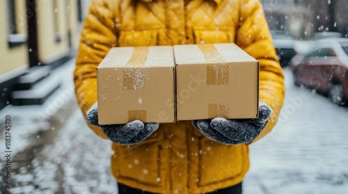 Winter Delivery: Courier in Yellow Jacket Holding Two Cardboard Boxes in Snowy Street photo