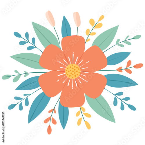 Flat hand drown flower colorful floral with leaves and flowers