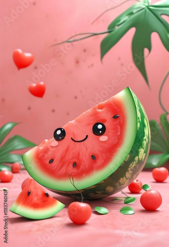 Cute Watermelon Smiling, Pink Studio, Hearts, Leaves. photo