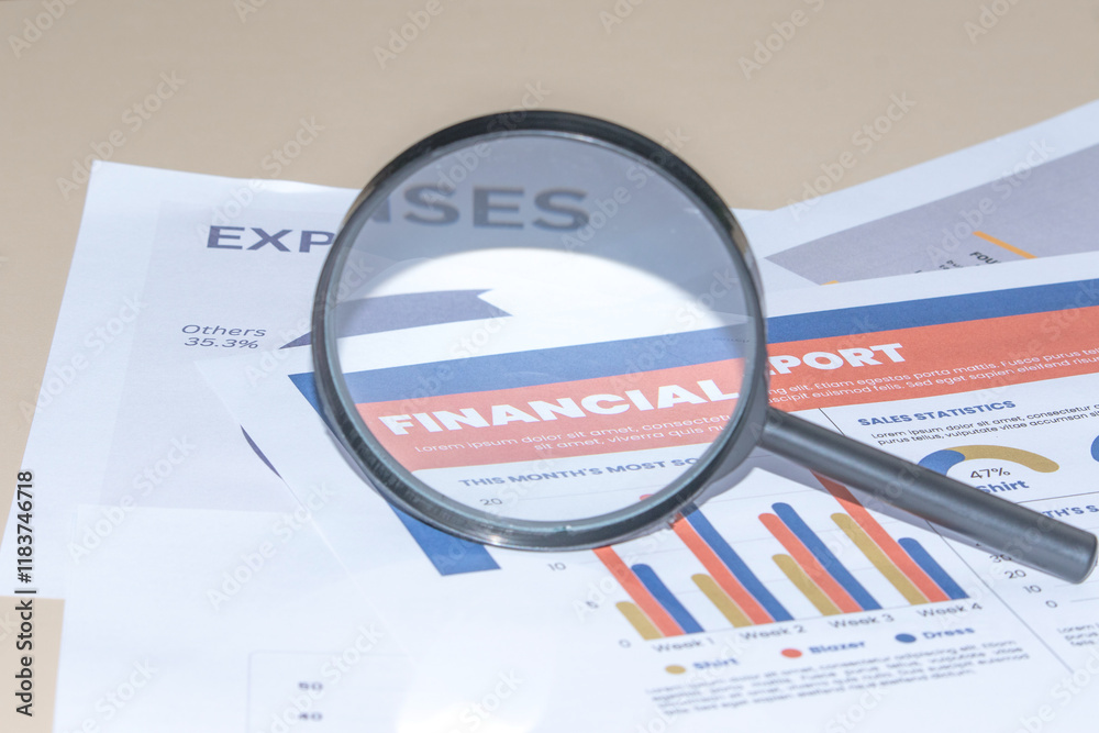 A magnifying glass placed on financial and expenses graph paper, symbolizing business analysis. A magnifying glass placed on financial and expenses graph paper, symbolizing business analysis.