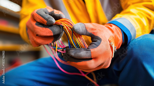 electrical engineer wearing protective gloves inspects colorful wiring in industrial setting, ensuring safety and functionality. vibrant wires contrast with engineer safety gear