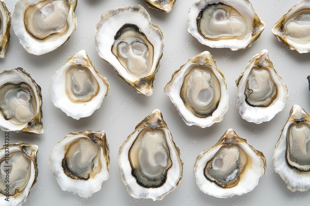 Overhead view of fresh oysters on a gray surface Healthy seafood for a gourmet French dinner Vertical layout Overhead view of fresh oysters on a gray surface Healthy seafood for a gourmet French dinner Vertical layout
