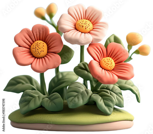 Stylized flowers in a sculpted garden, transparent background png
