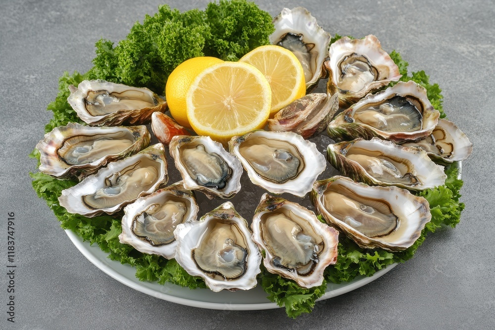 Oysters with lemon on a gray backdrop Fresh seafood close up Restaurant oyster meal Oysters with lemon on a gray backdrop Fresh seafood close up Restaurant oyster meal