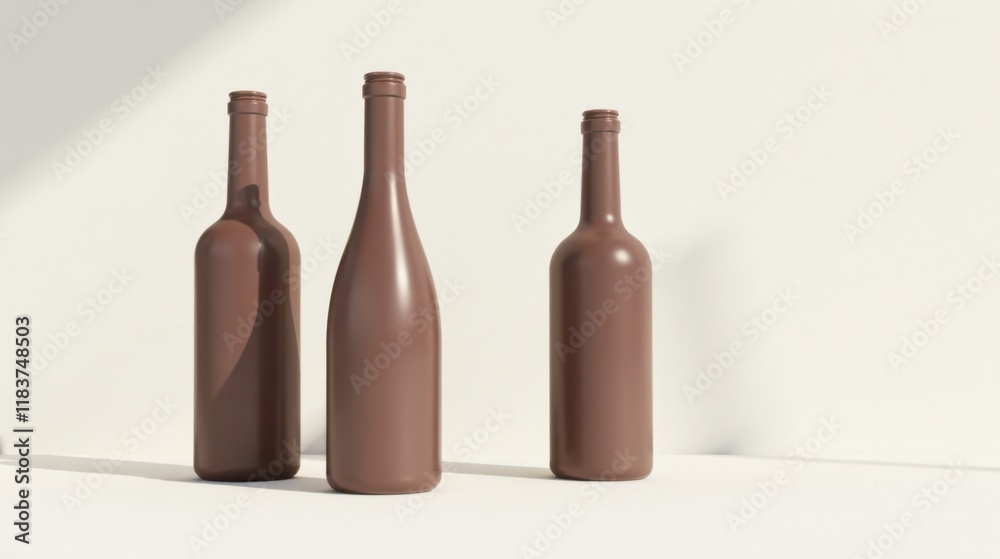 Three Brown Glass Bottles Arranged on a White Surface in Soft Light Three Brown Glass Bottles Arranged on a White Surface in Soft Light