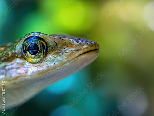 Close-up of a fish's head, vibrant colors, blurred background, nature photography, ideal for wildlife publications. photo