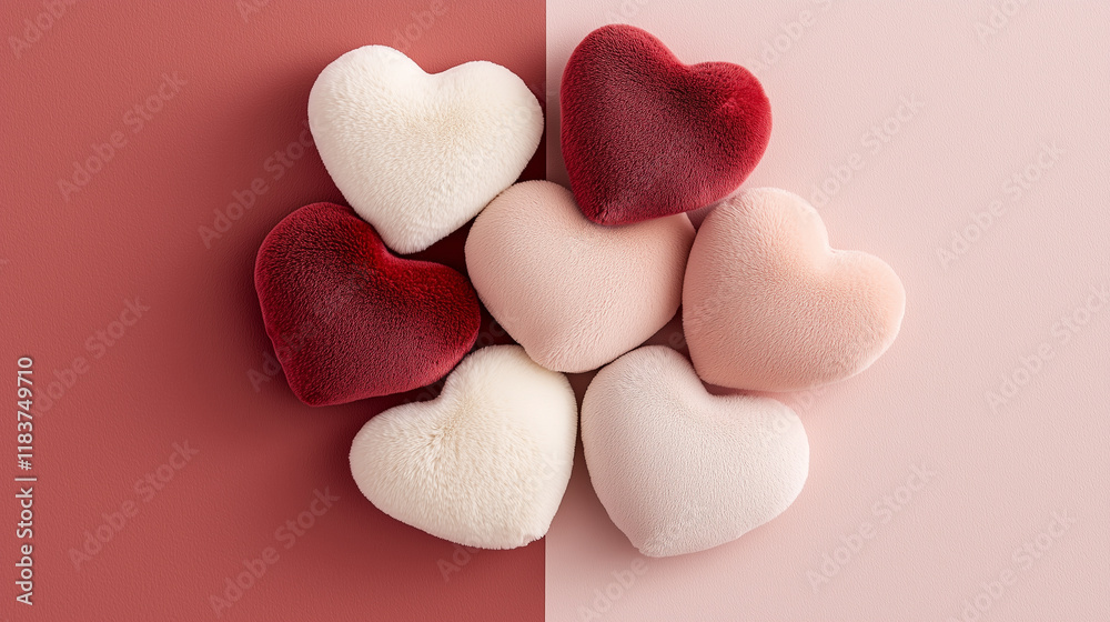 Obraz premium Cluster of plush hearts on a plain pink and red background: Soft, velvety hearts in a range of pinks and reds, piled together with a fluffy, tactile texture that evokes warmth and