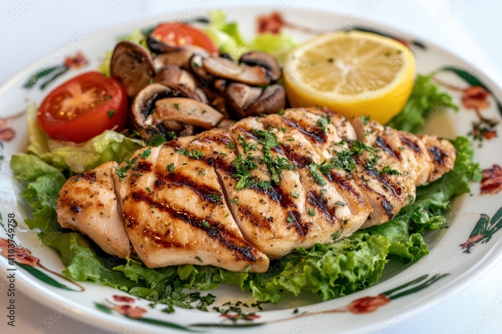 Plate of grilled chicken breast with salad tomatoes mushrooms herbs and lemon Plate of grilled chicken breast with salad tomatoes mushrooms herbs and lemon