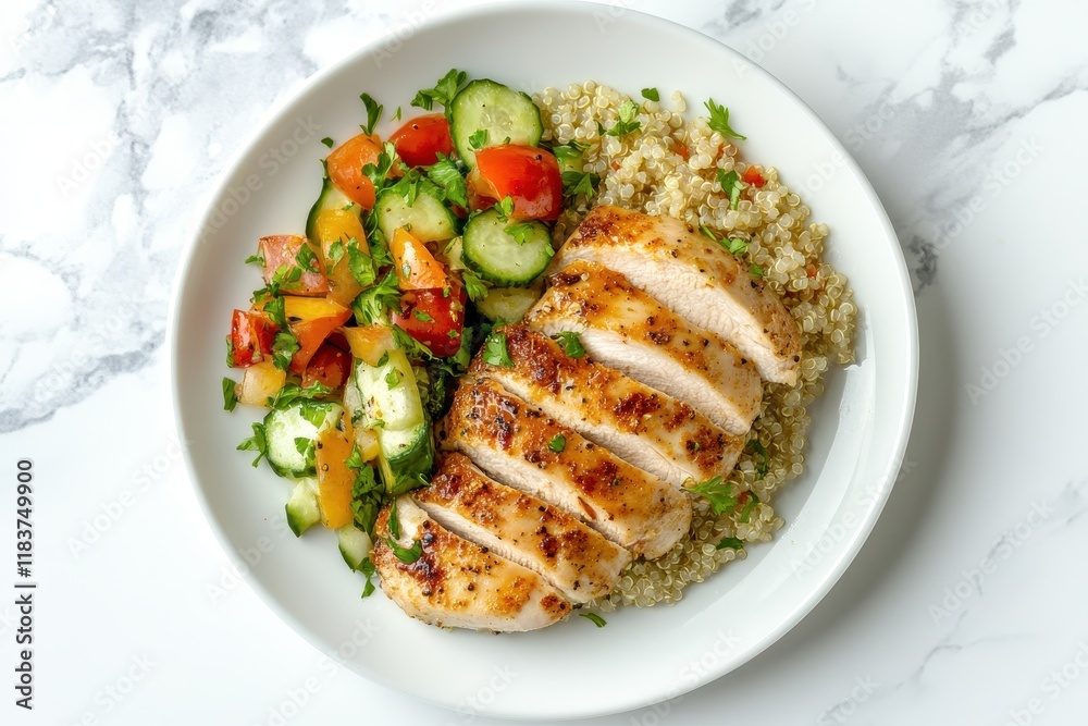 Plate of quinoa and vegetable salad with chicken or turkey fillet Healthy meal idea Overhead view Plate of quinoa and vegetable salad with chicken or turkey fillet Healthy meal idea Overhead view