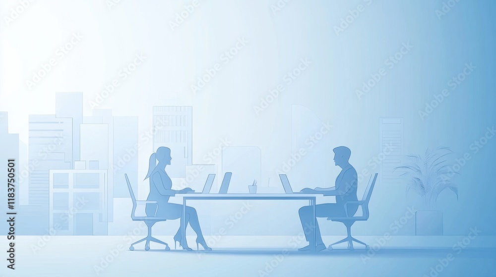 A serene office scene featuring two individuals engaged in a discussion, surrounded by a modern cityscape in a soft blue hue. A serene office scene featuring two individuals engaged in a discussion, surrounded by a modern cityscape in a soft blue hue.