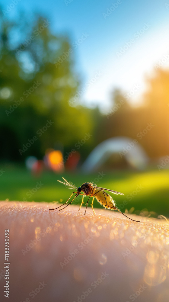 close up of mosquito feeding on skin in natural setting, with sunlight filtering through trees, creating serene atmosphere close up of mosquito feeding on skin in natural setting, with sunlight filtering through trees, creating serene atmosphere