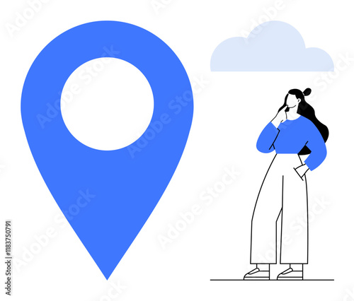 Blue location pin next to a thoughtful woman with a blue top, white pants, and a cloud above. Ideal for navigation, technology, travel, exploration, destination, decision-making spatial awareness