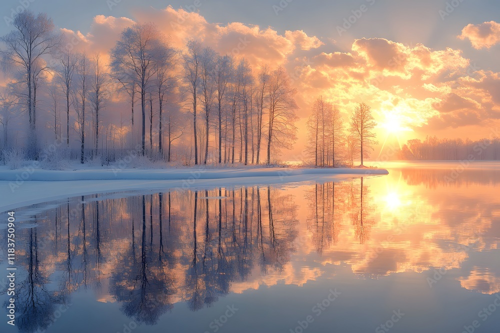 Fototapeta premium Winter Sunrise Reflection Over Serene Snow-Covered Lake Scene for Nature Photography