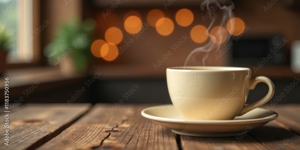 Fototapeta premium Warm Beverage in a Mug on Rustic Wood Surface with Bokeh Lights