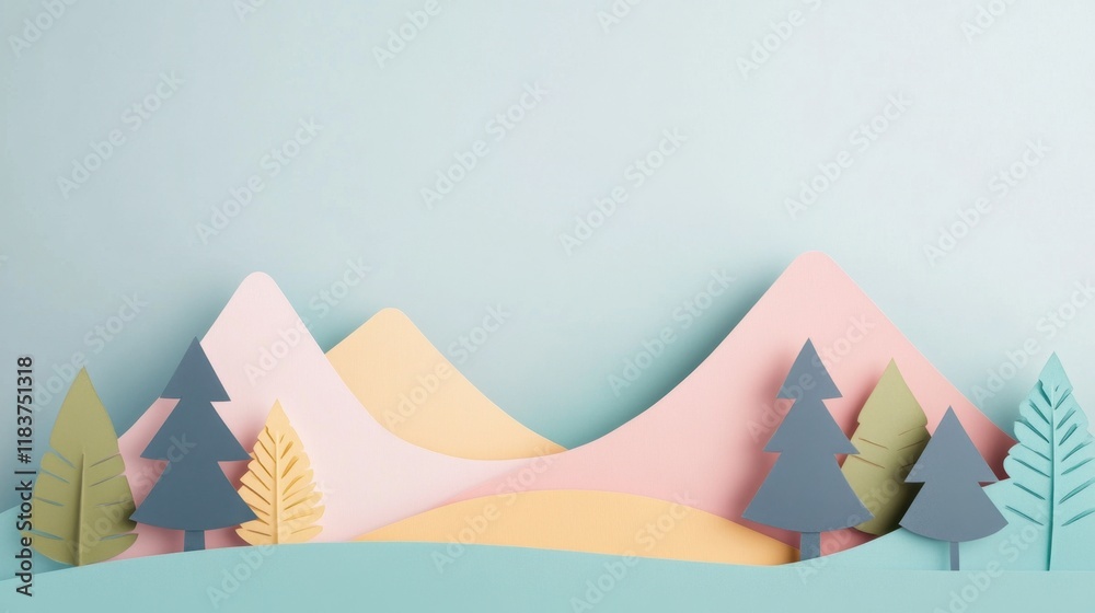 A vibrant, paper-cut landscape featuring pastel mountains and trees against a soft blue background, creating a whimsical and artistic scene. A vibrant, paper-cut landscape featuring pastel mountains and trees against a soft blue background, creating a whimsical and artistic scene.
