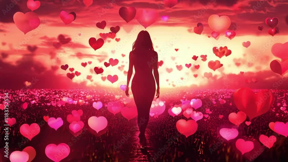 The walking woman silhouette and the love of the grassland The walking woman silhouette and the love of the grassland