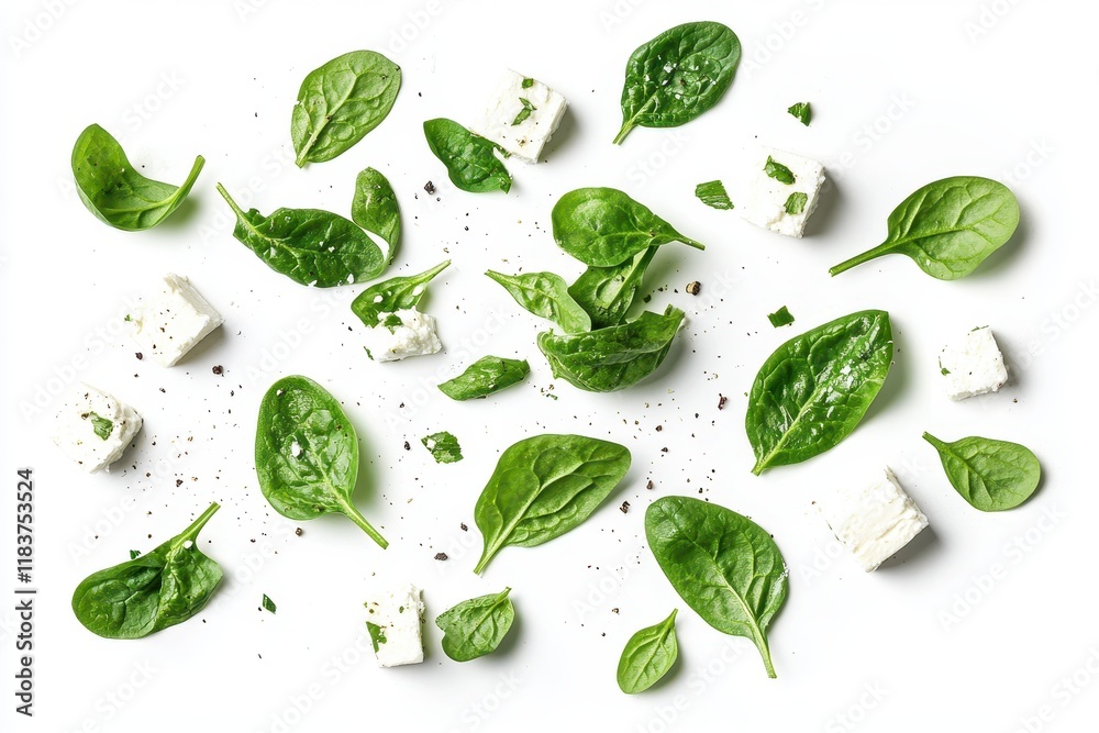 Salad featuring spinach arugula and romaine garnished with goat feta on a white backdrop Salad featuring spinach arugula and romaine garnished with goat feta on a white backdrop