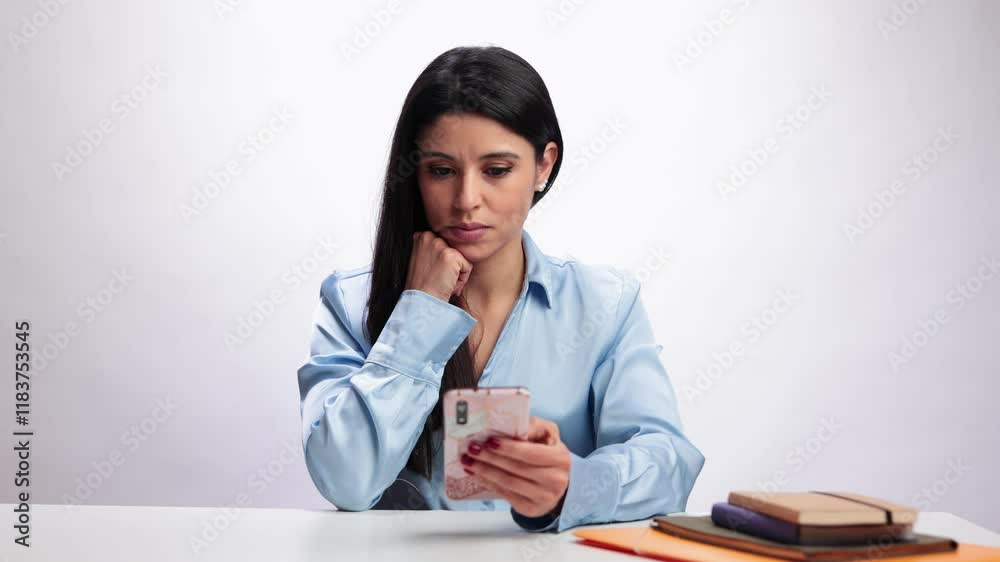 Latin businesswoman reading on smartphone in slow motion on white background Latin businesswoman reading on smartphone in slow motion on white background