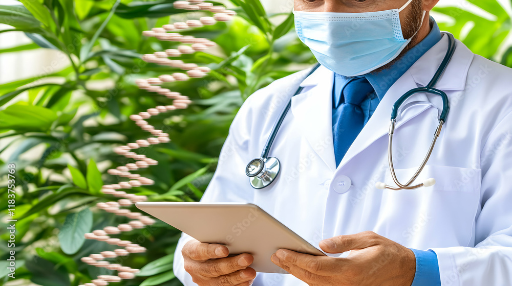 Doctor Using Tablet, Reviewing Medical Data Outdoors: Genetic Research & Healthcare Technology Advancements Doctor Using Tablet, Reviewing Medical Data Outdoors: Genetic Research & Healthcare Technology Advancements