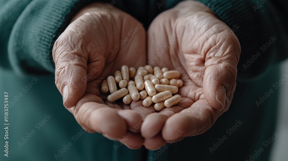 A pair of aged hands holds a collection of capsules, symbolizing health, medications, and the passage of time. A pair of aged hands holds a collection of capsules, symbolizing health, medications, and the passage of time.