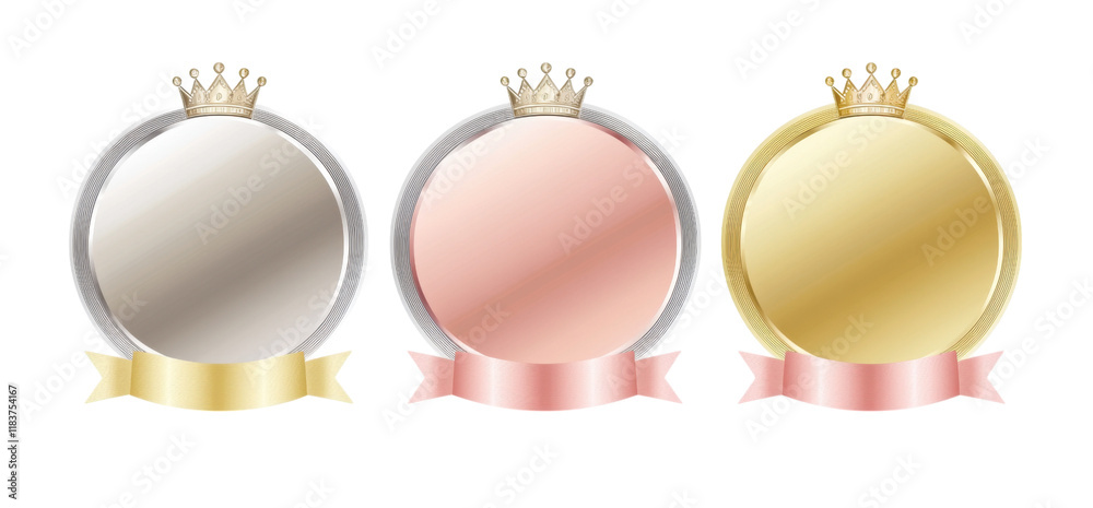 Three shiny medals with crowns and ribbons in silver, rose gold, and gold colors, symbolizing achievement and excellence. elegant design features royal theme with luxurious touch Three shiny medals with crowns and ribbons in silver, rose gold, and gold colors, symbolizing achievement and excellence. elegant design features royal theme with luxurious touch
