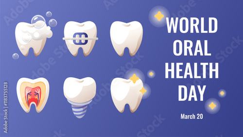 World Oral Health Day, celebrated on March 20. Suitable for celebrating world oral health day, dentist day. Vector illustration for dental design, suitable for advertising on social media or the web.