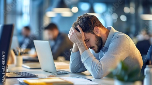 Businessman facing a high stress at work. Lack of rest time. Burnout, exhaustion. Toxic corporate office environment.