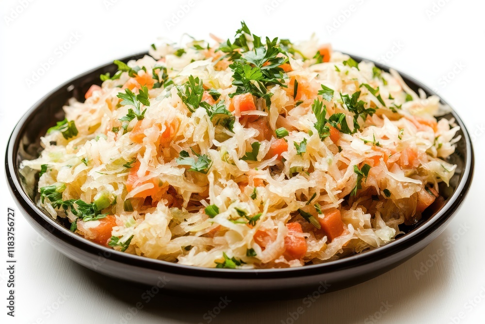 Sauerkraut rests on a plate against a white backdrop Sauerkraut rests on a plate against a white backdrop
