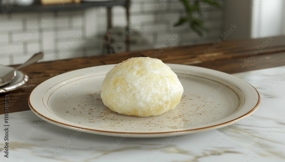A single round white dessert with a slightly crispy exterior, dusted with sugar and served on a round white plate.