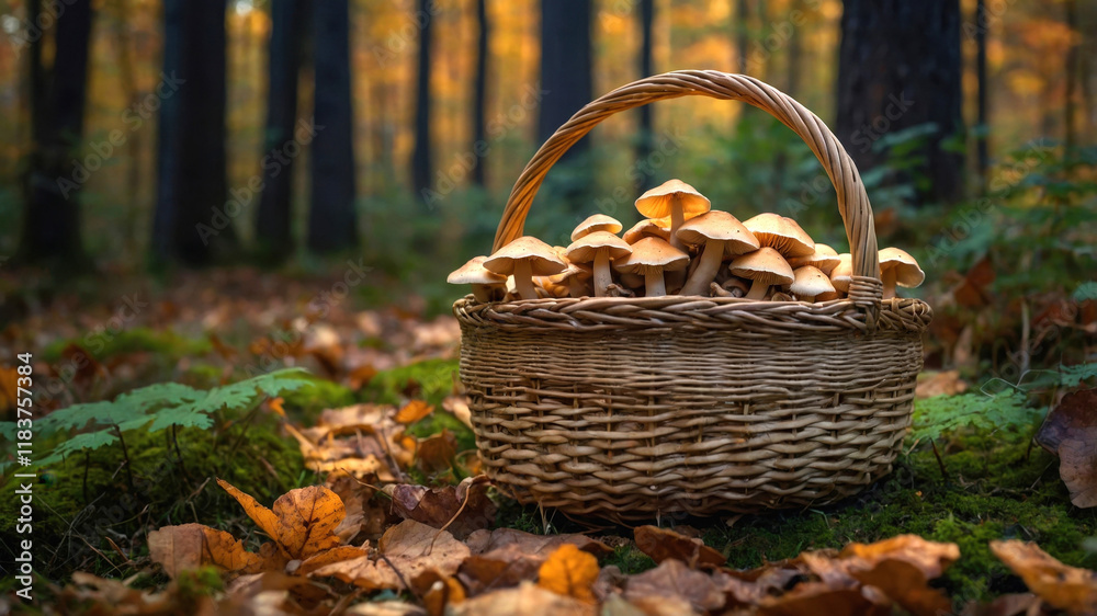 A rustic woven basket filled with freshly picked mushrooms sits in a vibrant autumn forest, surrounded by fallen leaves and nature’s seasonal charm A rustic woven basket filled with freshly picked mushrooms sits in a vibrant autumn forest, surrounded by fallen leaves and nature’s seasonal charm