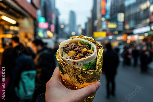 Hand-Held Burrito with Oozing Fillings and Golden Foil in Vibrant Street Food Scene photo