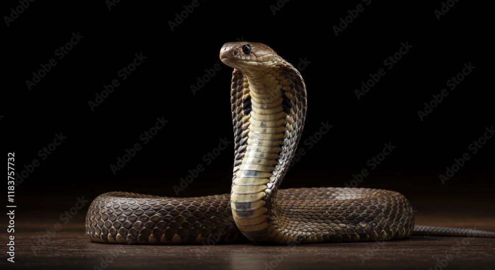 Fototapeta premium A Majestic Cobra Displays Its Hood In Dark Surroundings