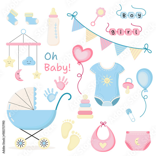 Baby shower set accessories. Newborn baby stickers. 