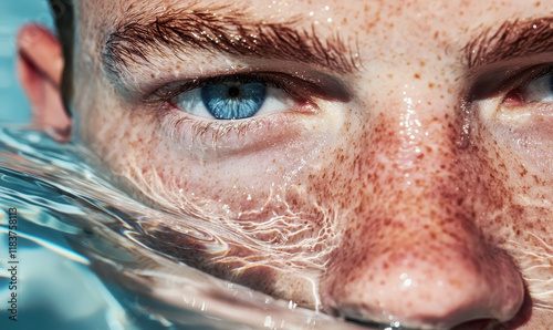 Close-Up of Blue-Eyed Freckled Face Reflecting in Water with Natural Light