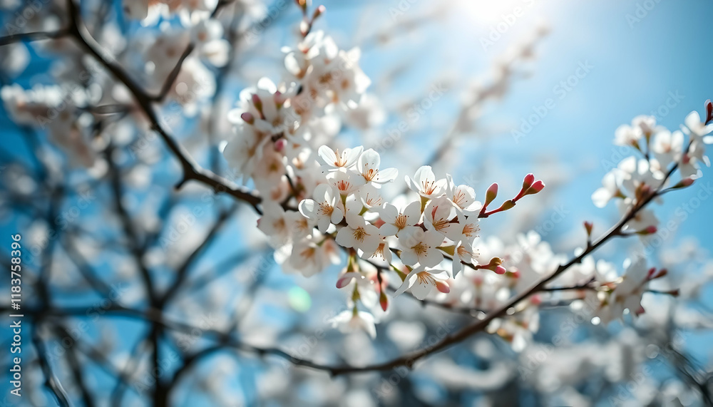 Cherry blossoms, spring bloom, delicate white petals, blue sky background, sunlight streaming through branches, macro photography, soft focus, dreamy atmosphere, natural beauty, seasonal flowering, Cherry blossoms, spring bloom, delicate white petals, blue sky background, sunlight streaming through branches, macro photography, soft focus, dreamy atmosphere, natural beauty, seasonal flowering,