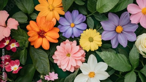 Wallpaper Mural Bright and colorful flowers arranged with green leaves create vibrant display Torontodigital.ca