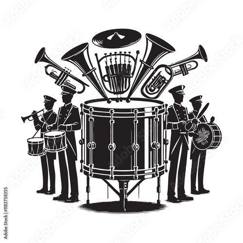 Timpani Silhouette Vector Illustration, Solid White Background.