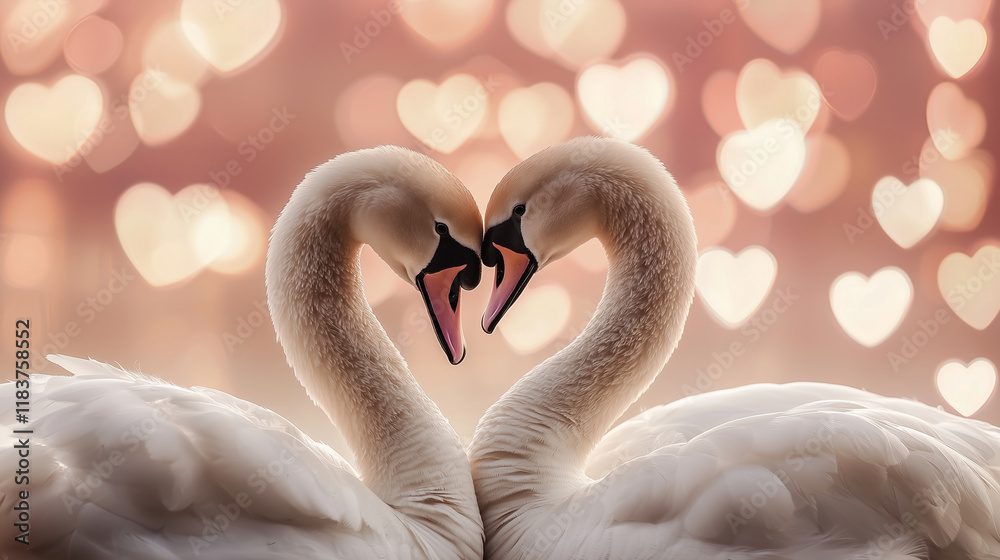 Naklejka premium A pair of swans with their necks forming a heart shape, blurred pink background filled with floating hearts: The swans' elegant white feathers contrast with the vibrant pink tones