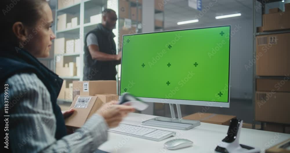 Female Warehouse Logistics Manager Scans Code on Cardboard Box with Scanner, Works on PC in Logistics Center, Prepares Package for Delivery. Computer Screen Shows Green Screen Chroma Key. Handheld. Female Warehouse Logistics Manager Scans Code on Cardboard Box with Scanner, Works on PC in Logistics Center, Prepares Package for Delivery. Computer Screen Shows Green Screen Chroma Key. Handheld.